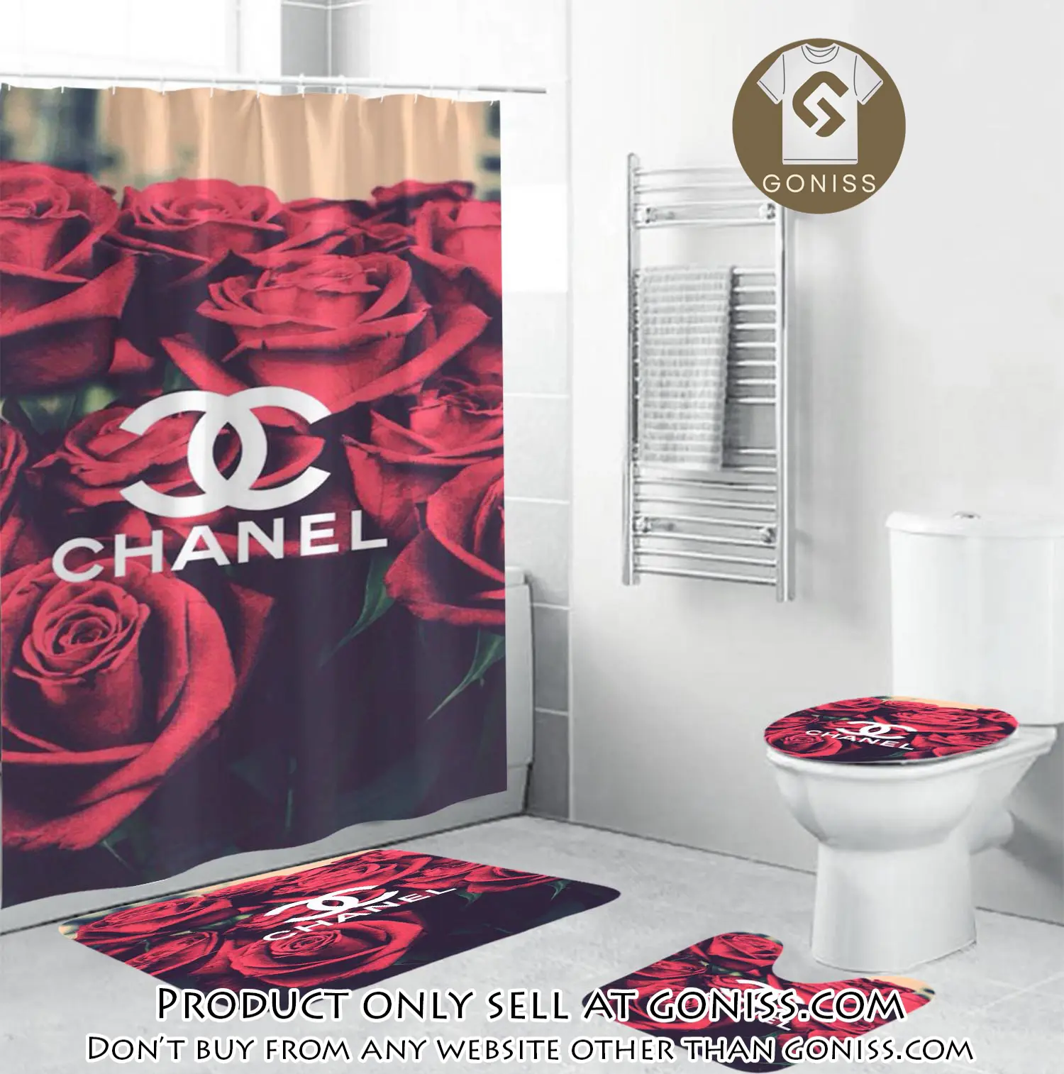 Coco chanel logo in red roses background bathroom set shower curtain gn5258445